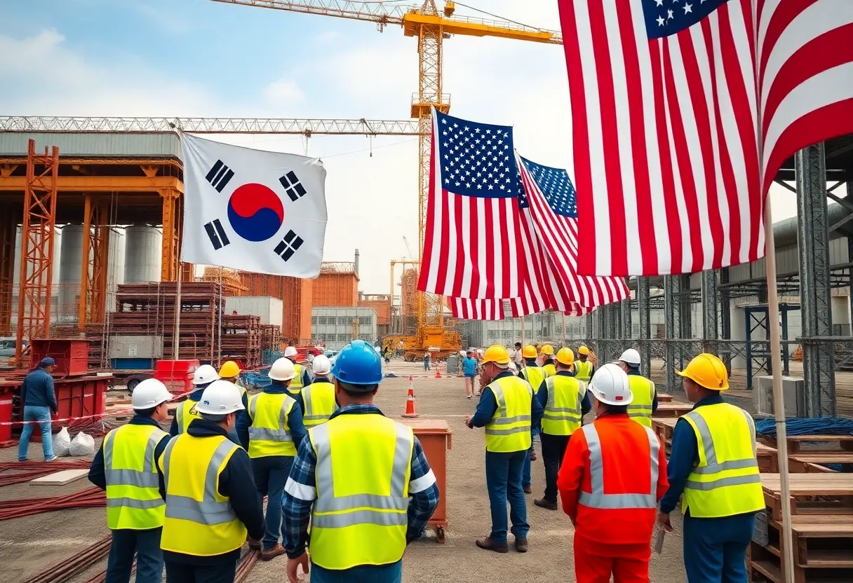Construction site of a battery factory with workers and flags