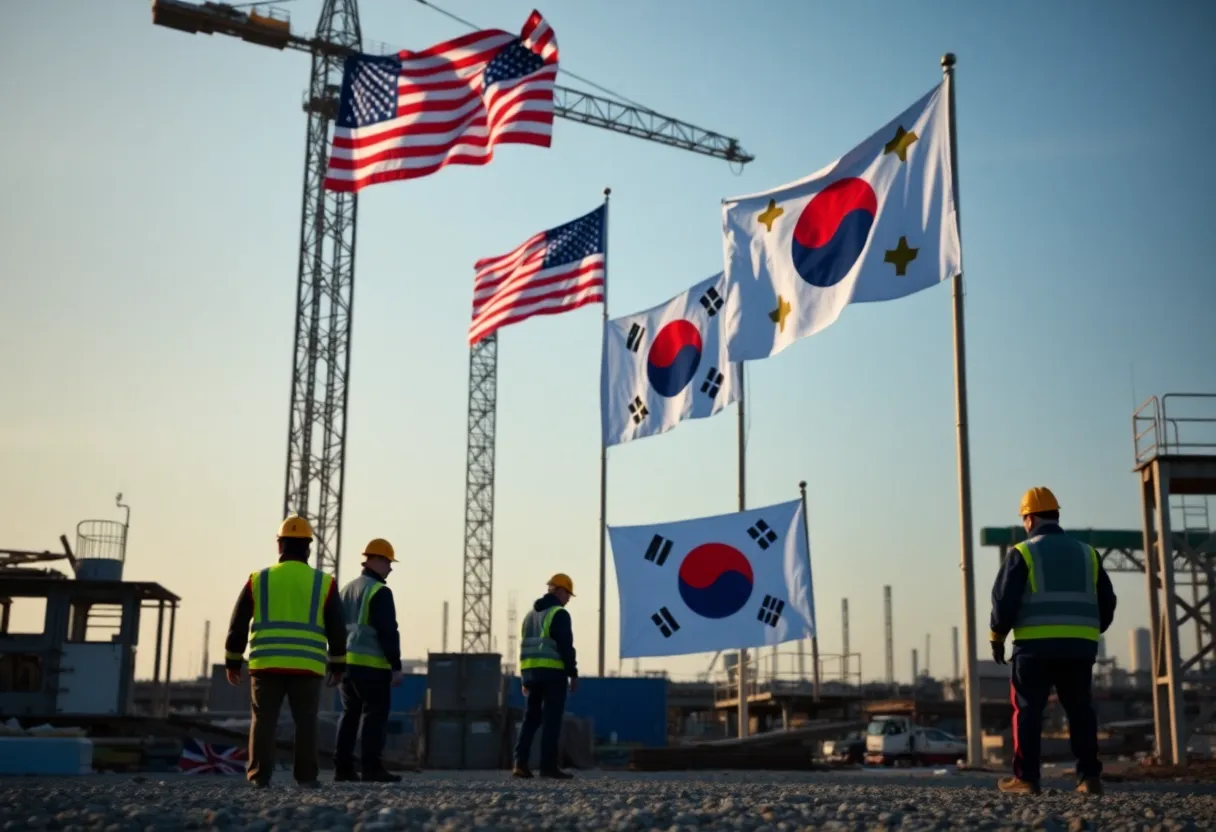 Construction site featuring workers and flags of South Korea and the United States