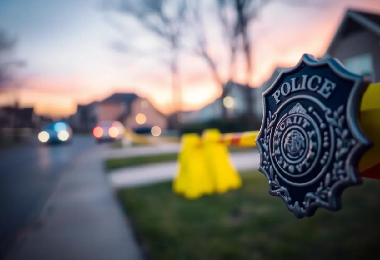 Police evidence markers and badge at a crime scene