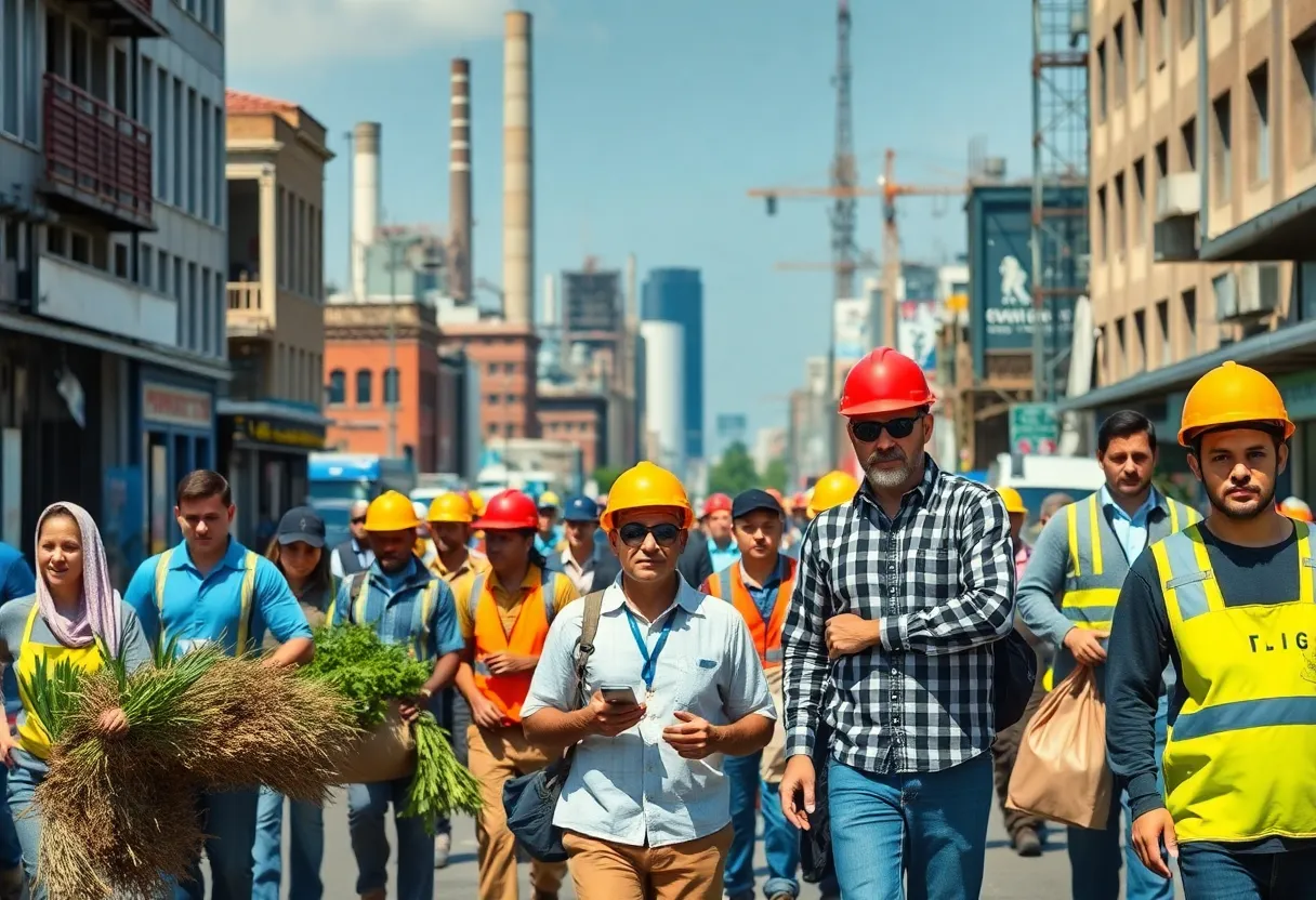 A diverse group of workers engaging in various industries in an urban environment.