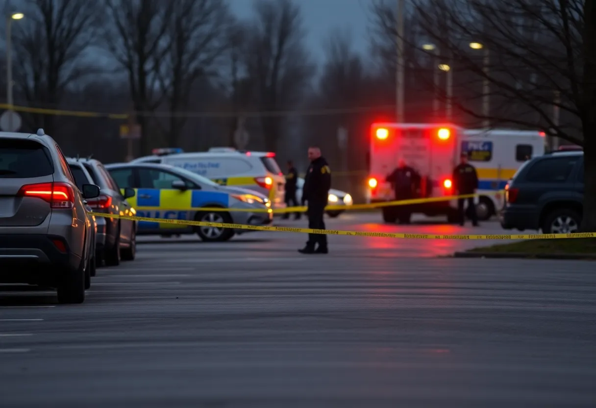 Emergency responders at a parking lot following a domestic violence shooting.