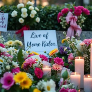 Memorial setup with flowers and candles in honor of Dr. E. Harold Nelson