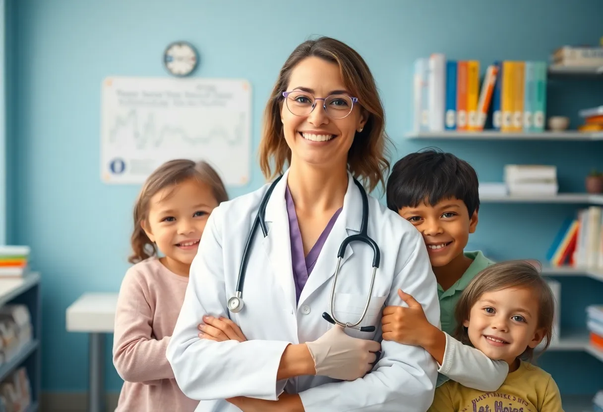 Portrait of a caring pediatrician in her clinic with children