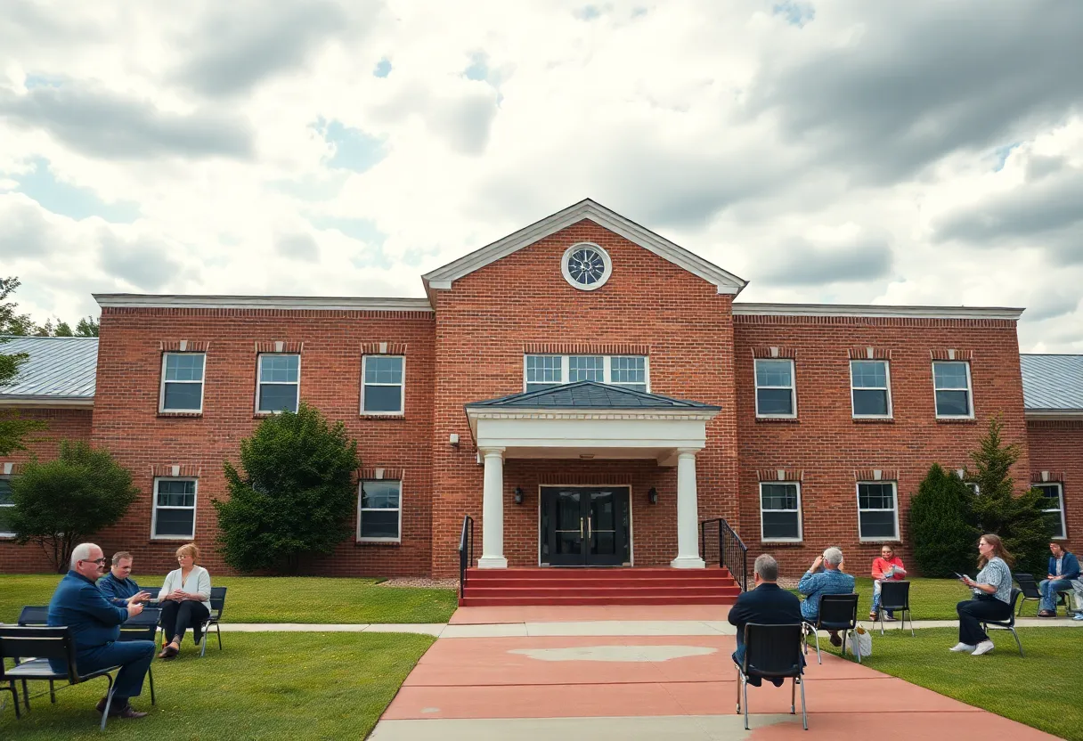 Exterior view of Dublin City Schools during a financial crisis