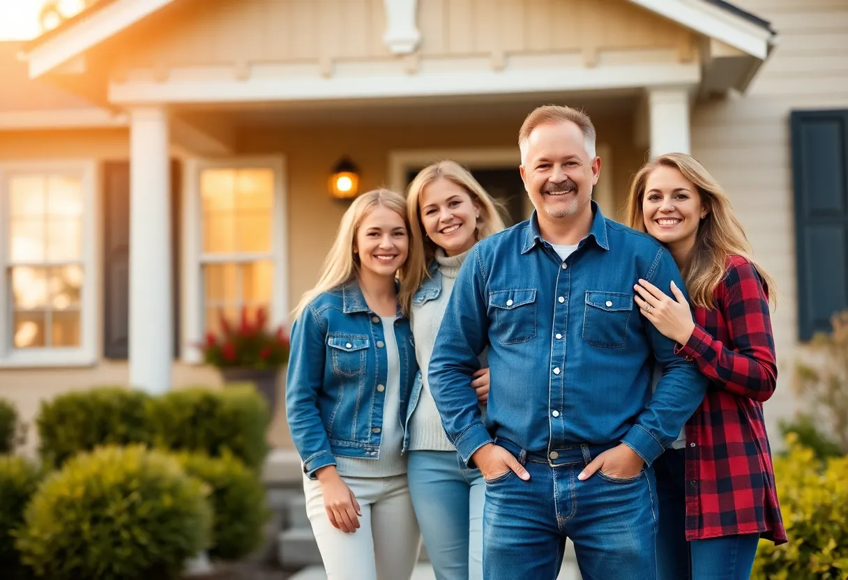 A family happily standing in front of their new home, representing the success of the Everyday Heroes Mortgage Program.