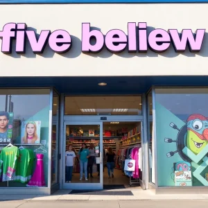 New Five Below store fronted by lively merchandise displays