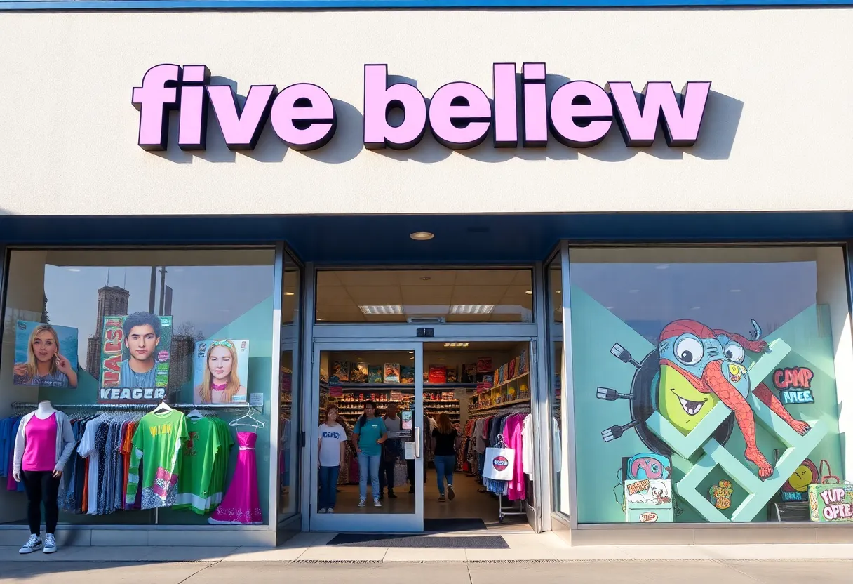 New Five Below store fronted by lively merchandise displays