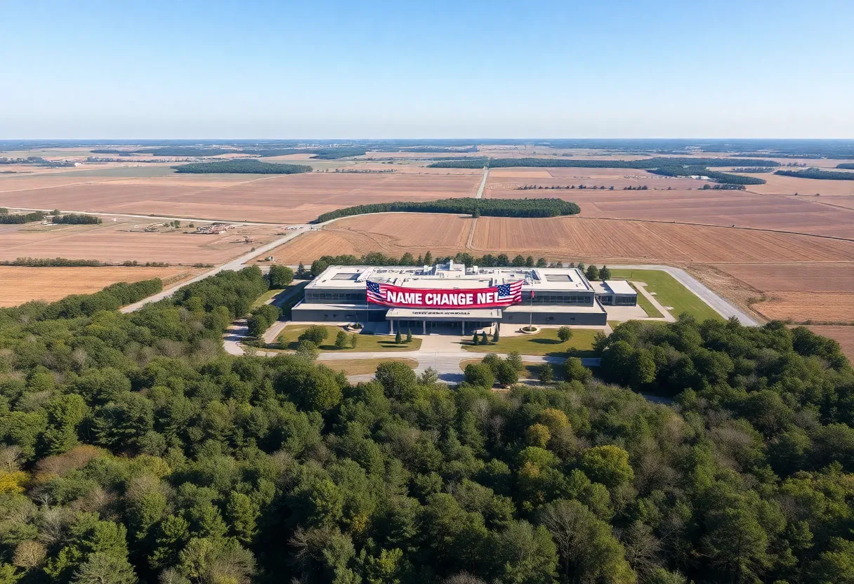 A military installation's aerial view with a proposal banner