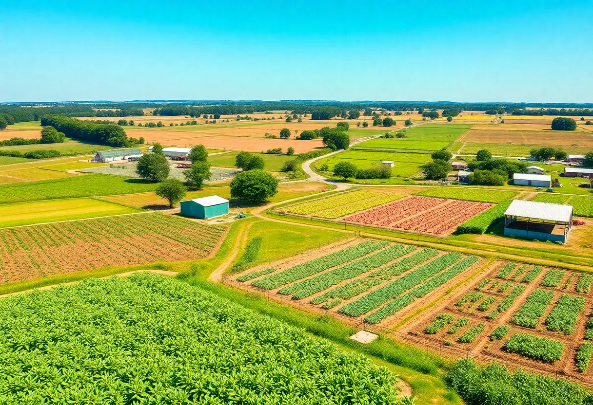 Aerial view of a diverse agricultural landscape in Georgia with crops and poultry farms.
