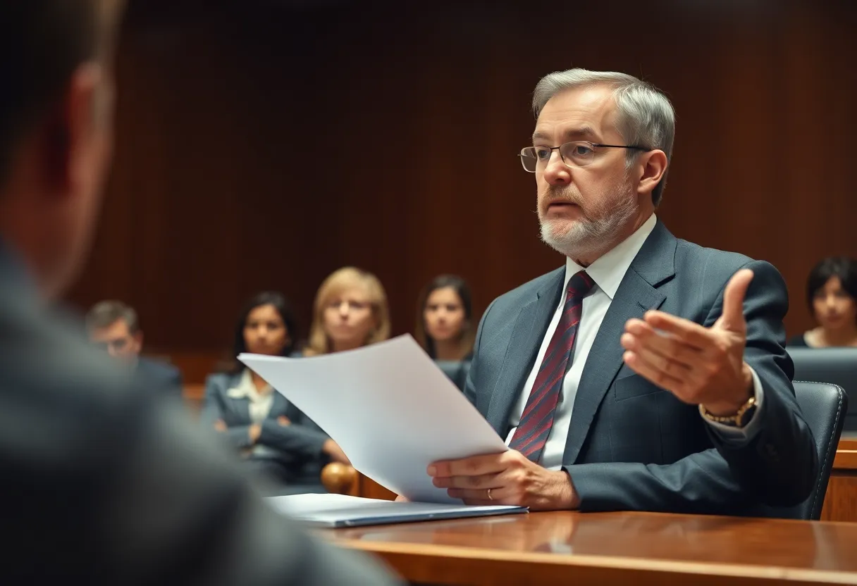 Courtroom scene depicting a lawsuit against a real estate company.