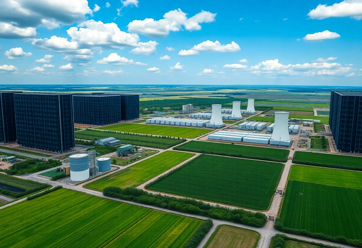 Aerial view of data centers in Georgia with cooling towers and green landscape