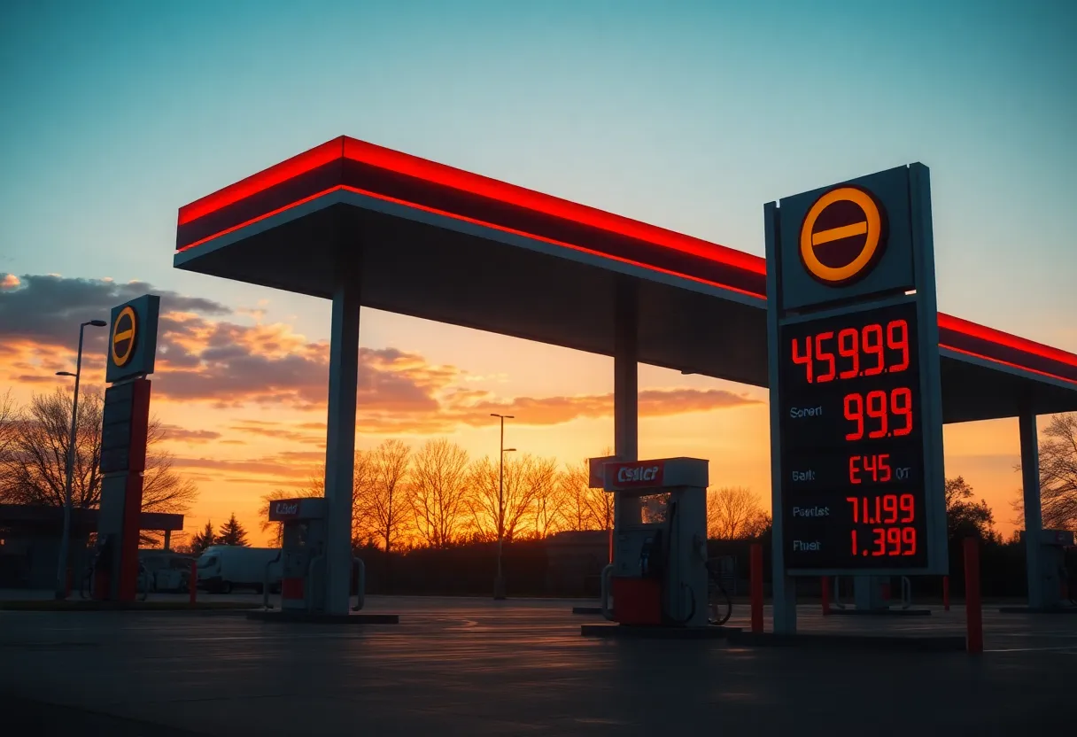 Gas station with price signs in Georgia during sunset