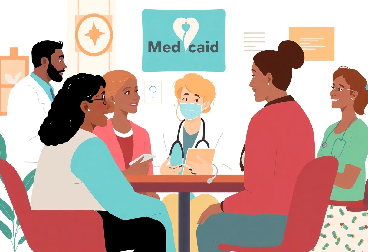 Illustration of diverse individuals accessing healthcare services under Georgia Medicaid.