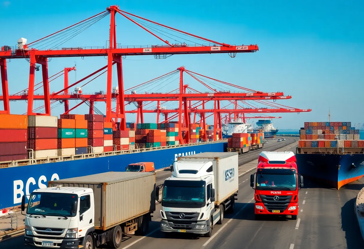 Port activity in Georgia with ships and trucks
