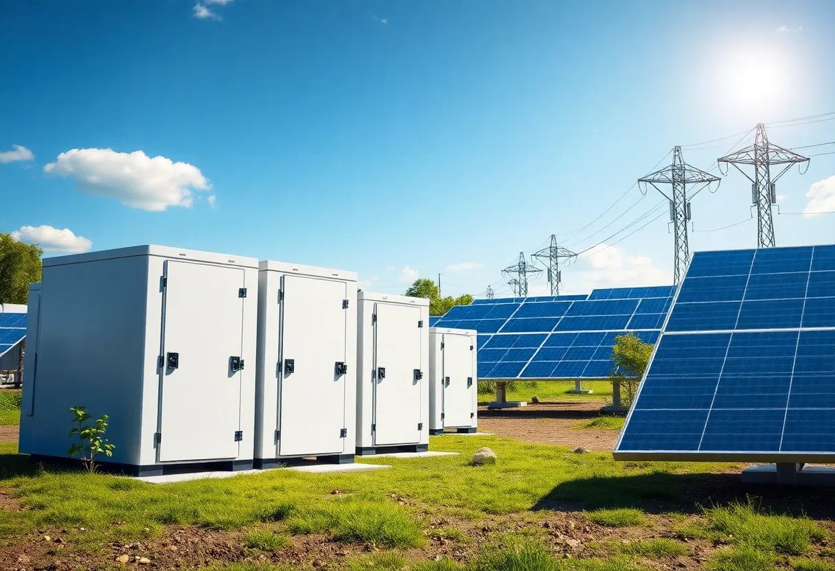 Energy storage systems illustration with batteries and solar panels