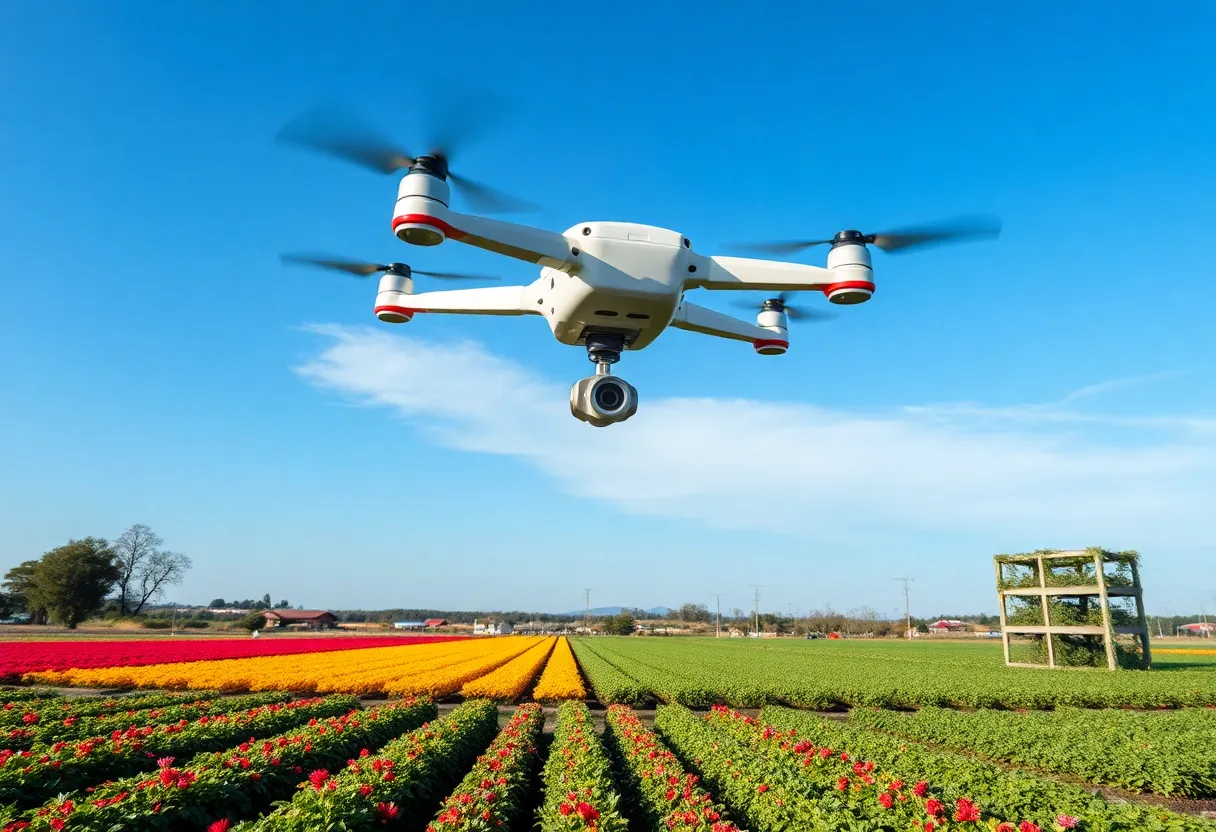 Aerial view of precision agriculture practices in Georgia with drones and vertical farming.