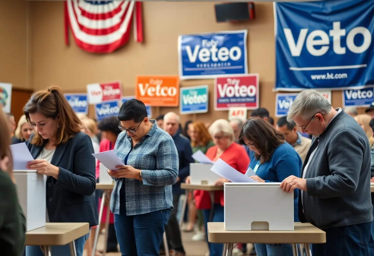 Voters participating in an election in Georgia with campaign signs.