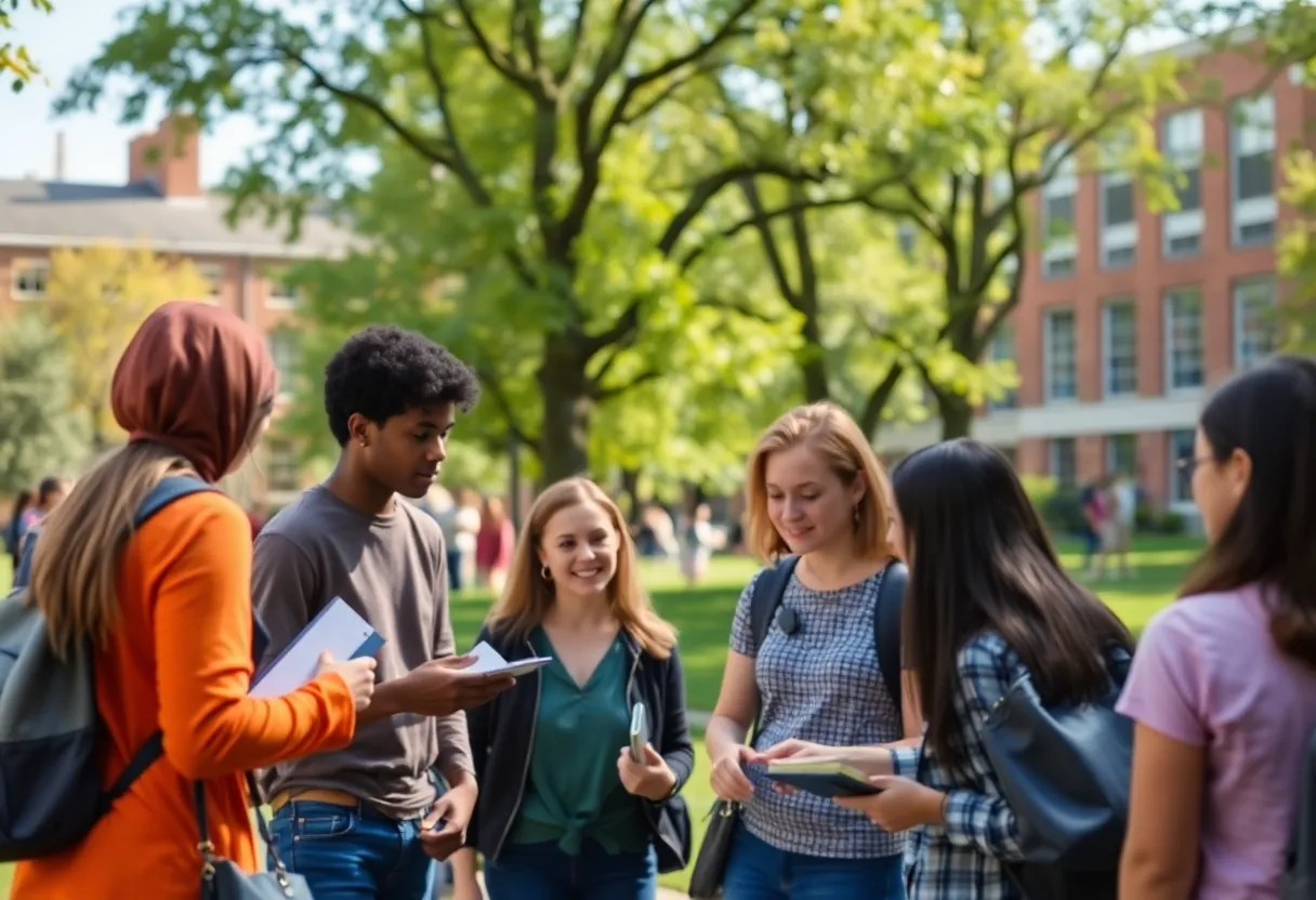 Students collaborating on a university campus