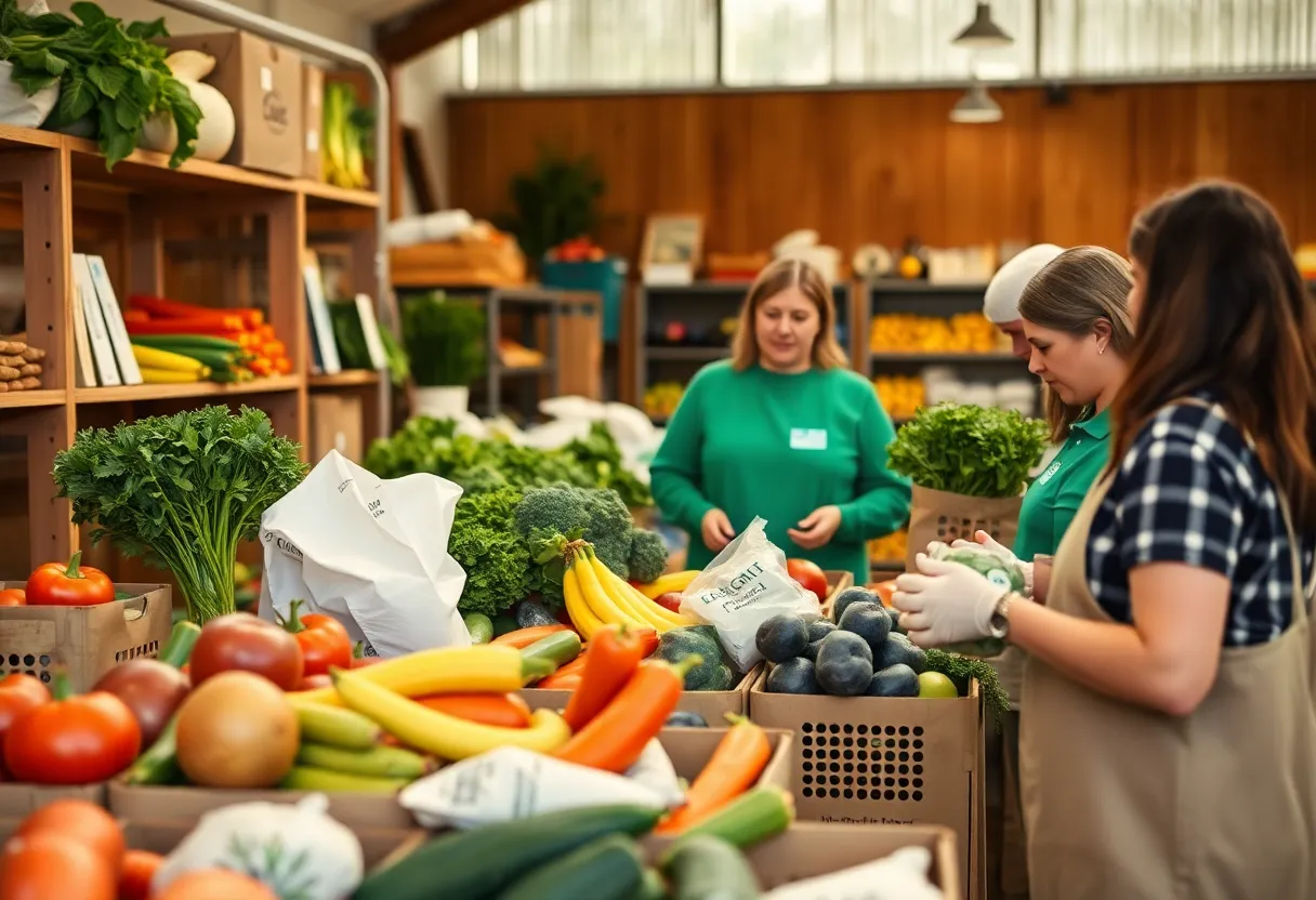 Volunteers assisting at a food bank with fresh produce