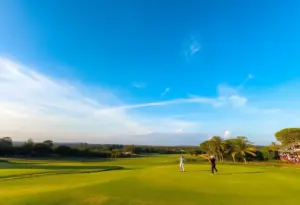 Golfers playing on a lush course during a tournament