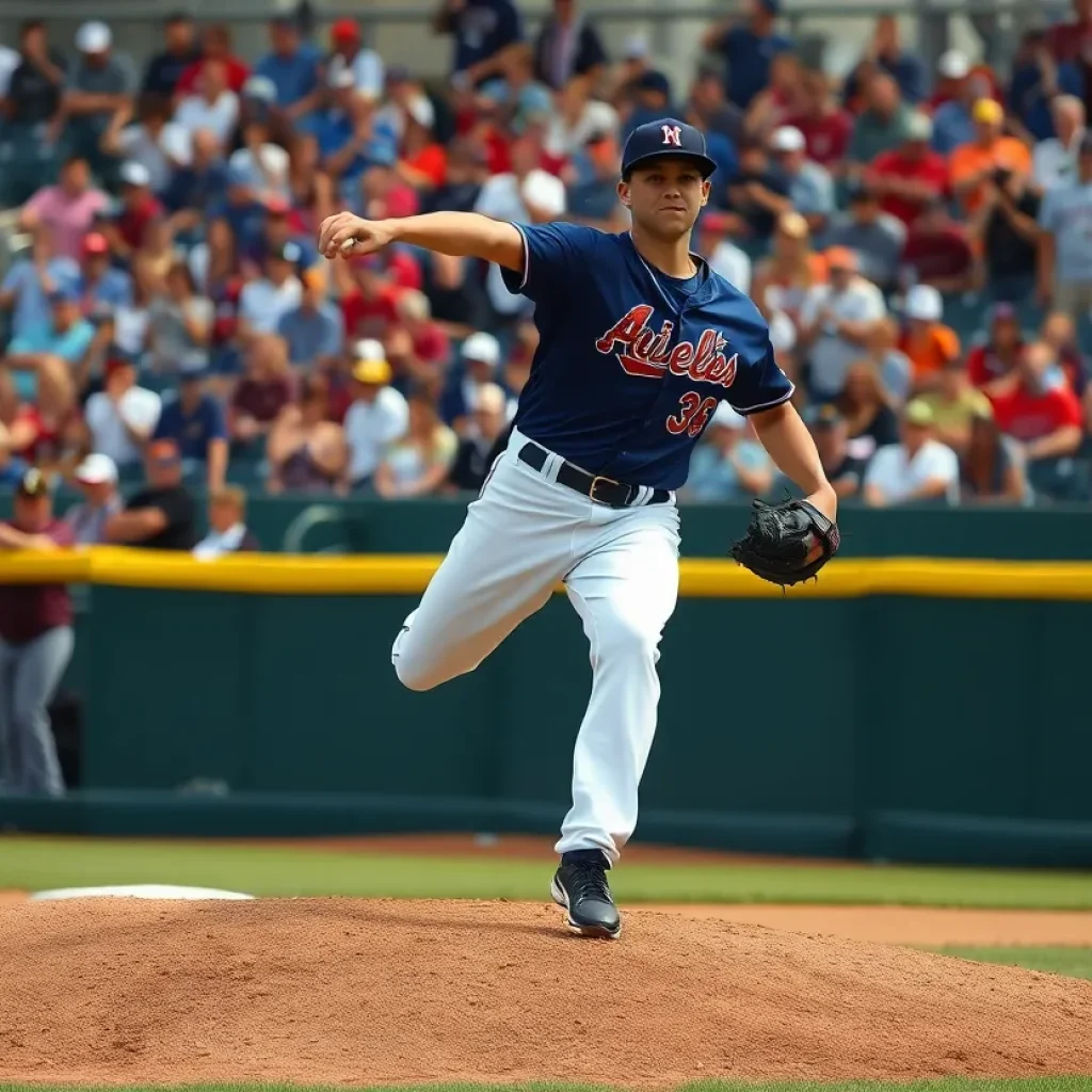 Pitcher Hayden Harris throwing a fastball during a baseball game.