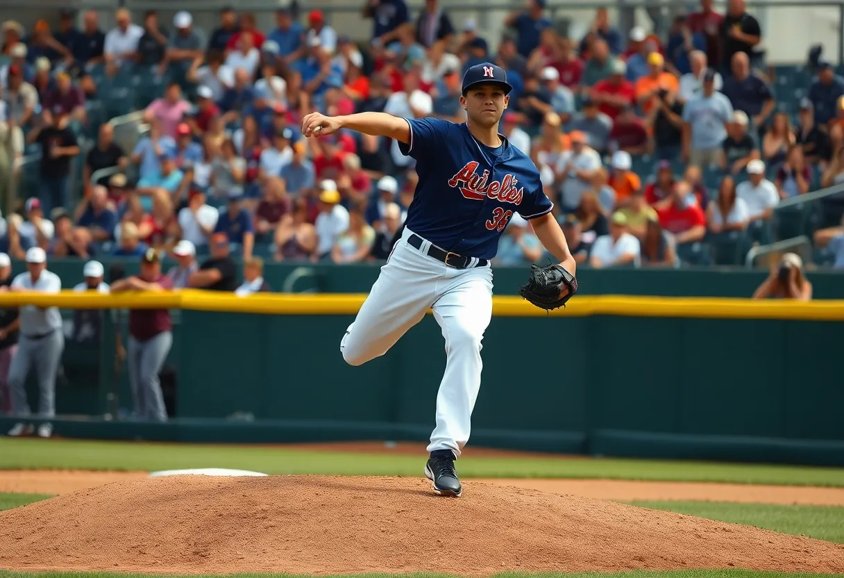 Pitcher Hayden Harris throwing a fastball during a baseball game.