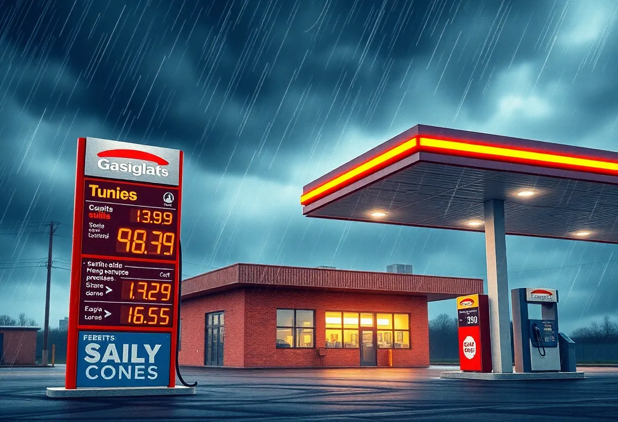 Gas station with high prices during a hurricane