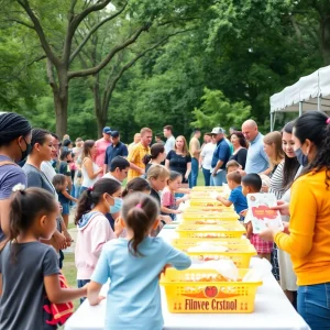 Community members enjoying the Hope After Helene festival with grocery distribution and games.
