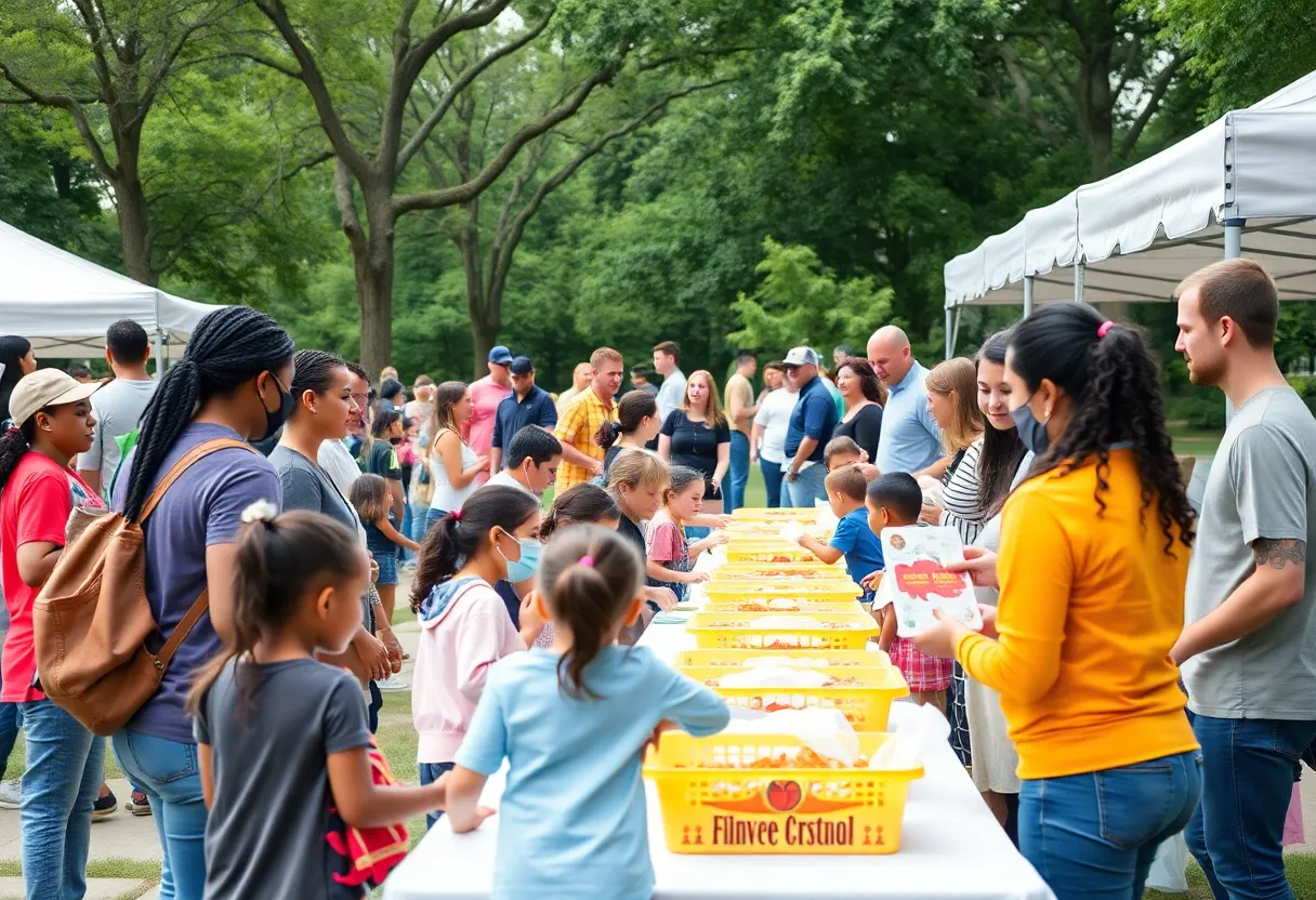 Community members enjoying the Hope After Helene festival with grocery distribution and games.