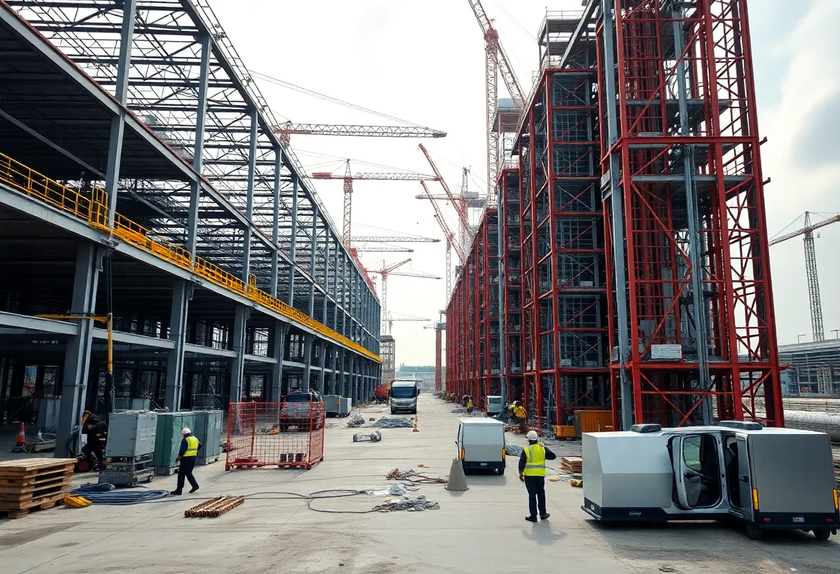 Construction site of Hyundai's battery plant with workers and equipment.