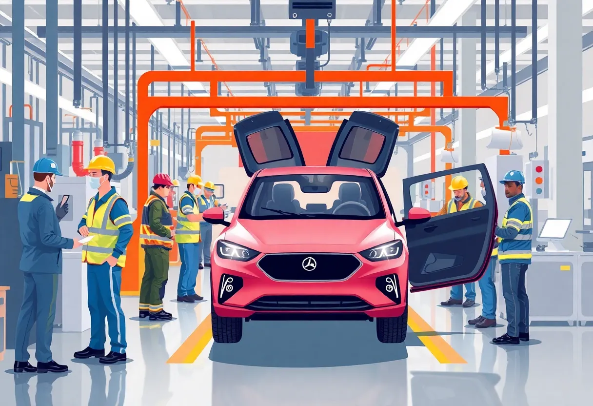 Workers in a Hyundai electric vehicle plant focusing on safety protocols