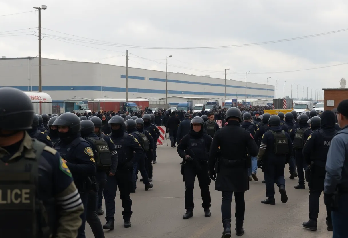Law enforcement officers blocking access outside Hyundai manufacturing plant.