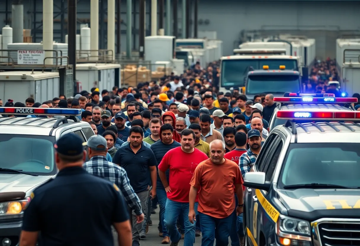Law enforcement officials conducting an immigration raid at Hyundai plant