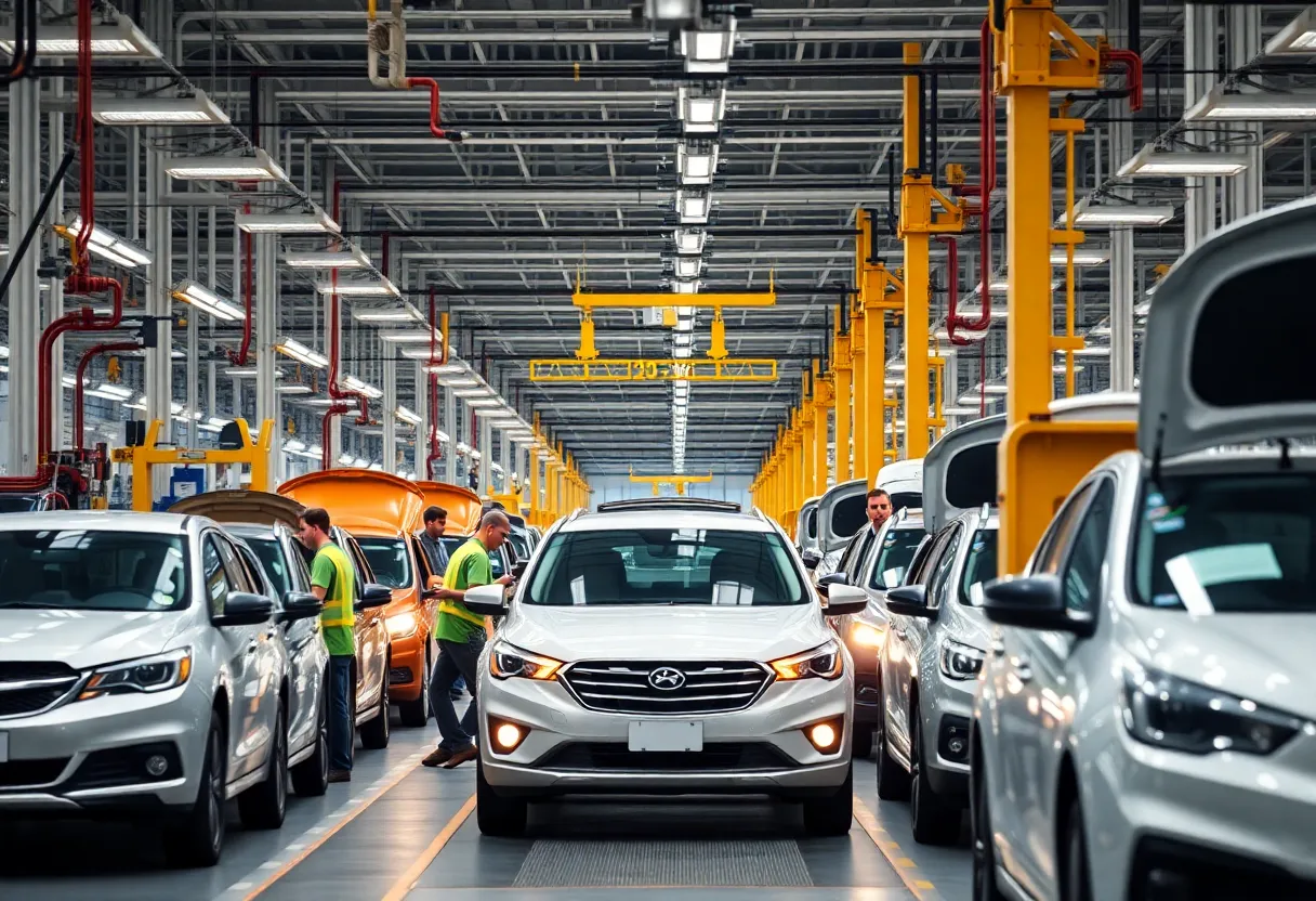 Hyundai manufacturing plant with vehicles under production