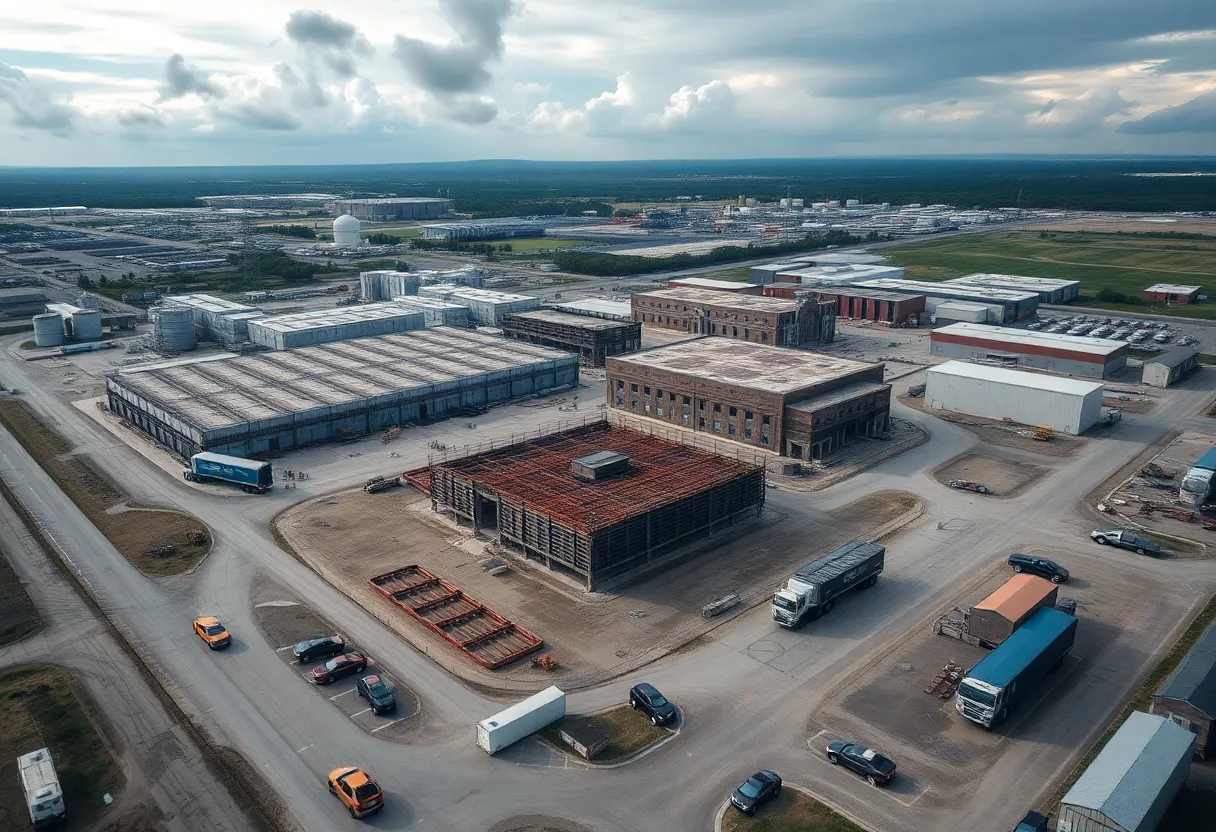 Aerial view of Hyundai's manufacturing site during an immigration raid with law enforcement presence.