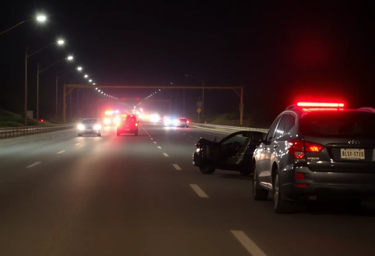 Night view of an I-520 highway scene with emergency response vehicles
