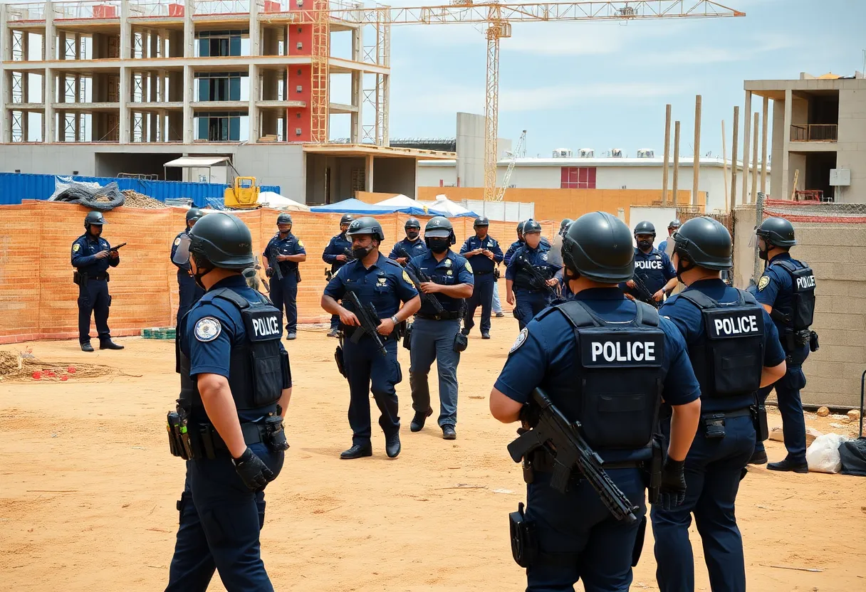 Law enforcement officers performing an immigration raid at a construction site.