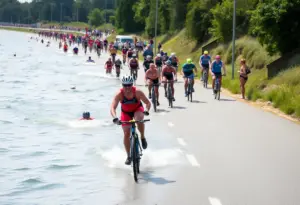 Competitors participating in the IRONMAN 70.3 triathlon in Augusta