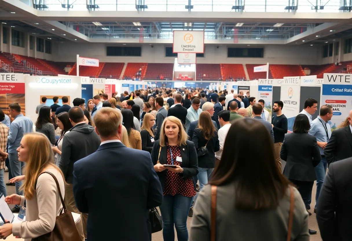 Vibrant job fair with job seekers and employers interacting.