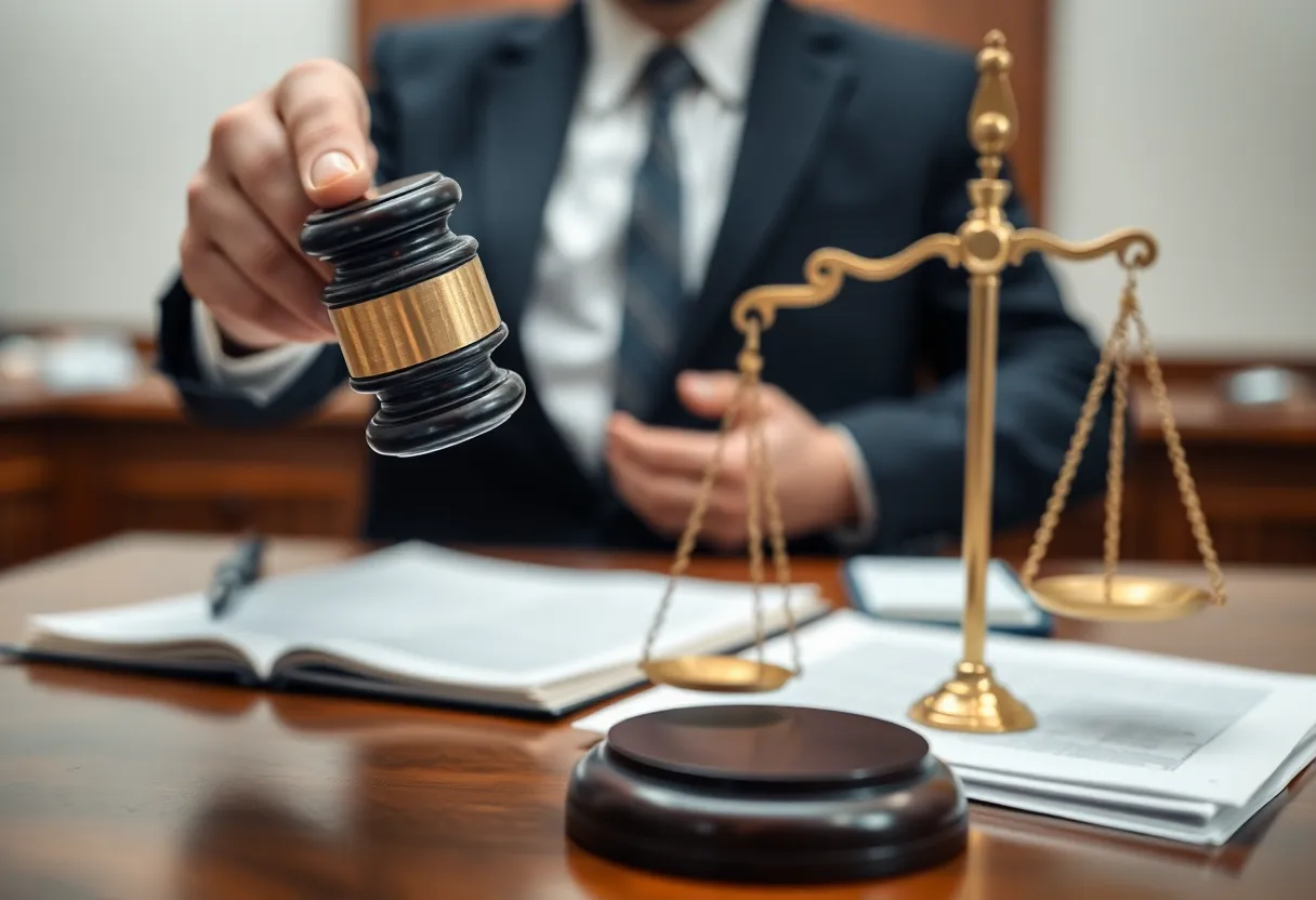 Courtroom scene with gavel and scales of justice