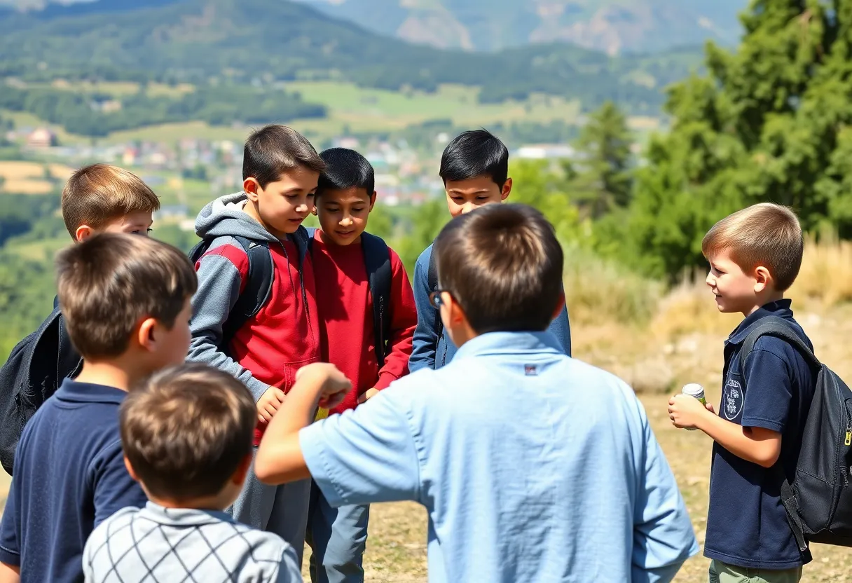 Middle school boys participating in leadership activities outdoors