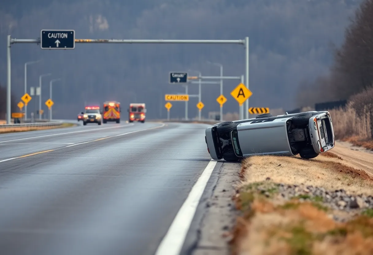 Rollover crash on the highway with emergency response teams present.