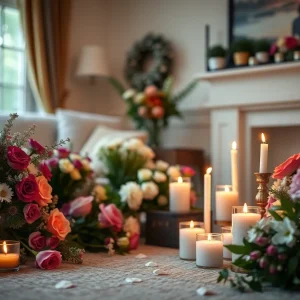 A memorial service setup with flowers and candles in a tranquil space.