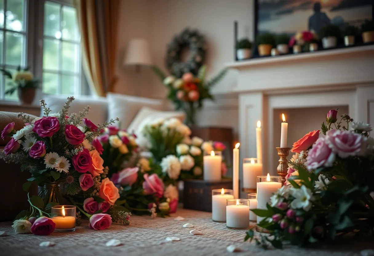 A memorial service setup with flowers and candles in a tranquil space.