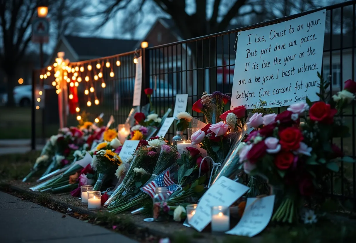 Memorial site with flowers and messages honoring the victims of domestic violence