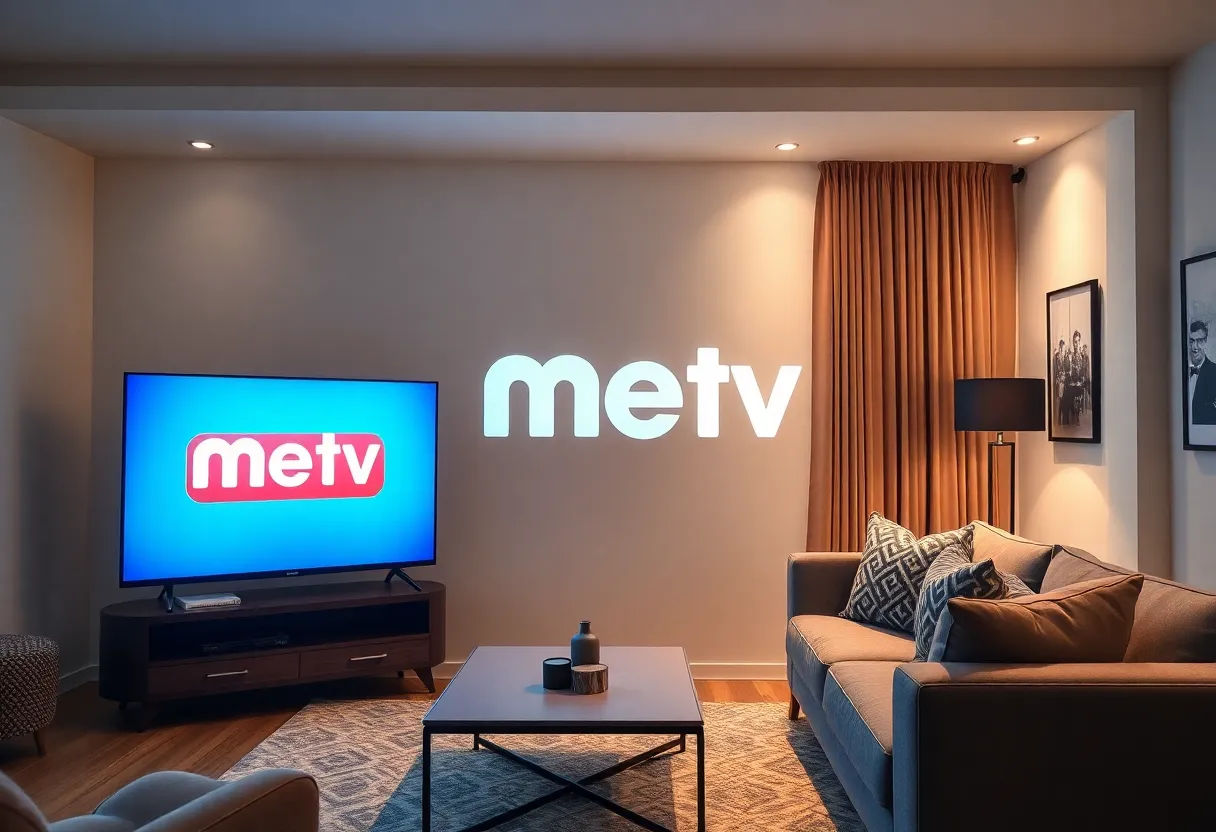 Living room with TV displaying MeTV logo