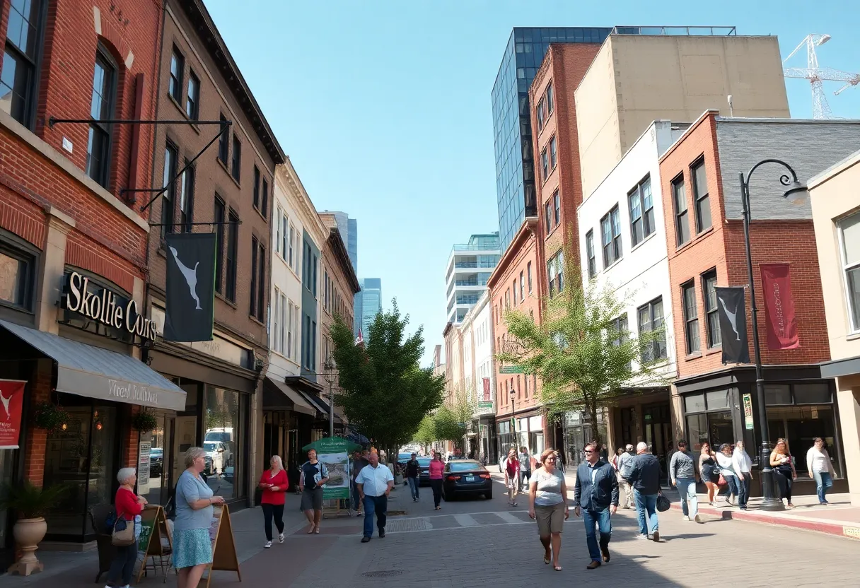 A renovated urban area in Midtown Columbus with local shops and community gatherings.