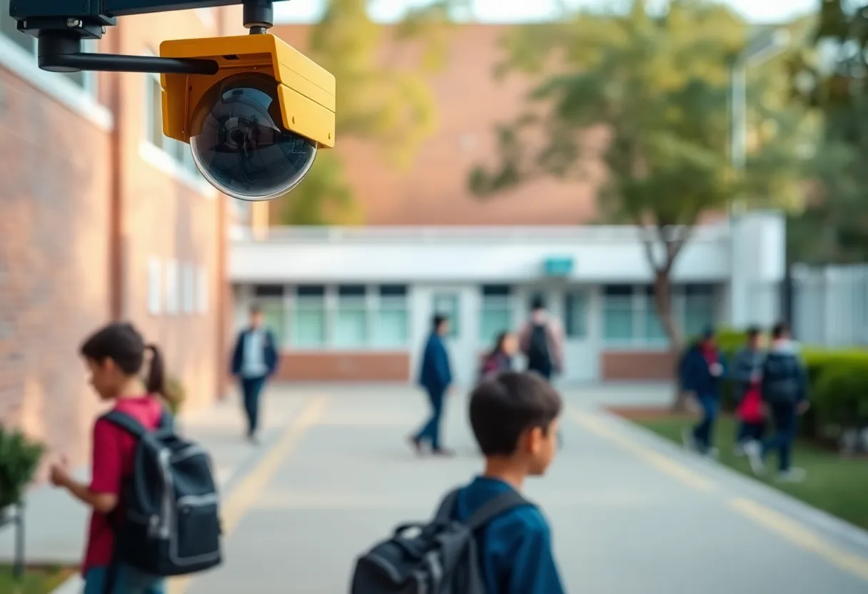 A view of North Augusta High School with students and safety measures in focus.
