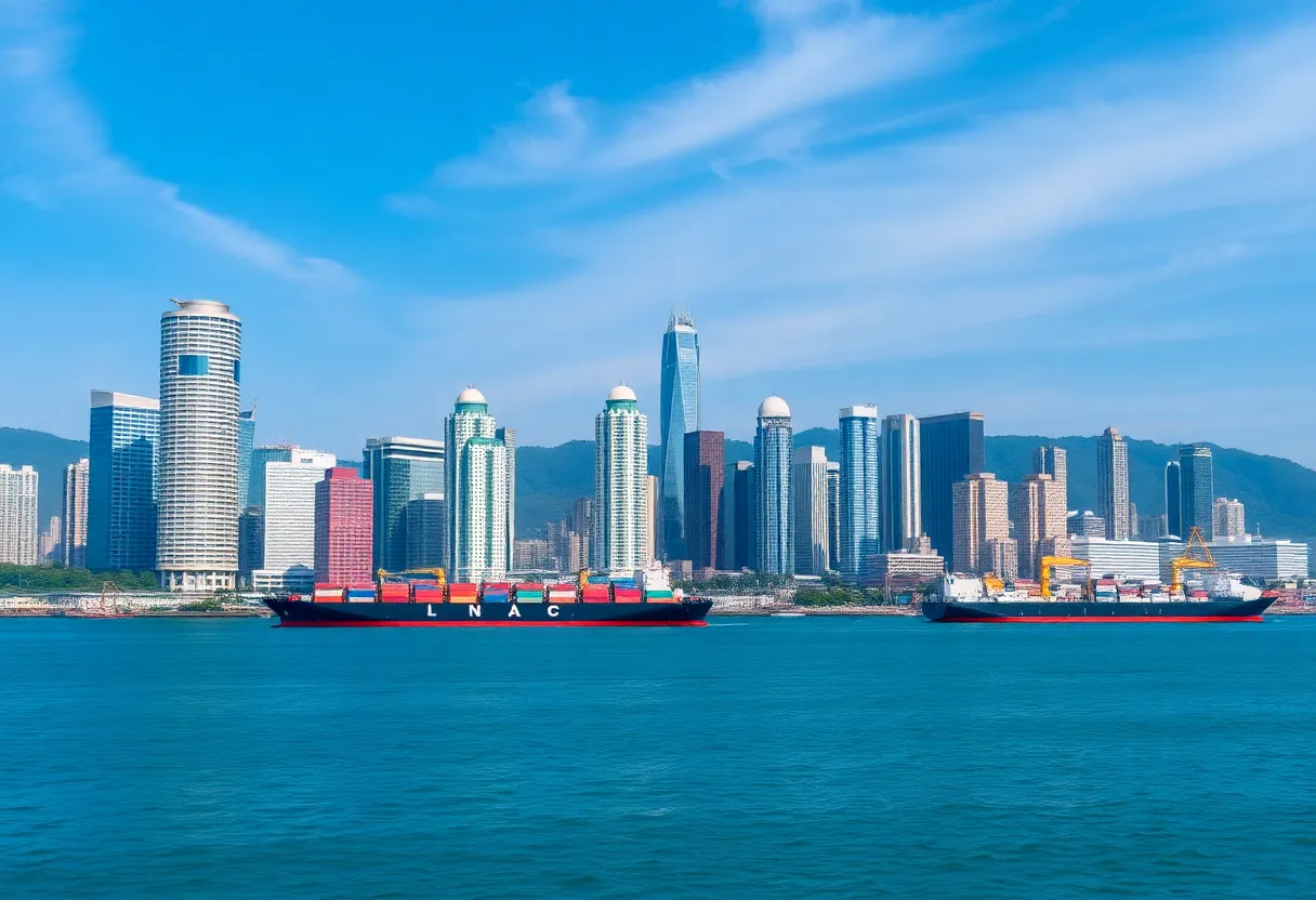 Scenic view of Panama Canal with modern skyline