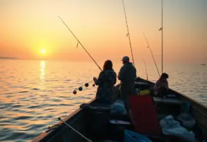 A serene fishing scene at sunrise with calm waters.